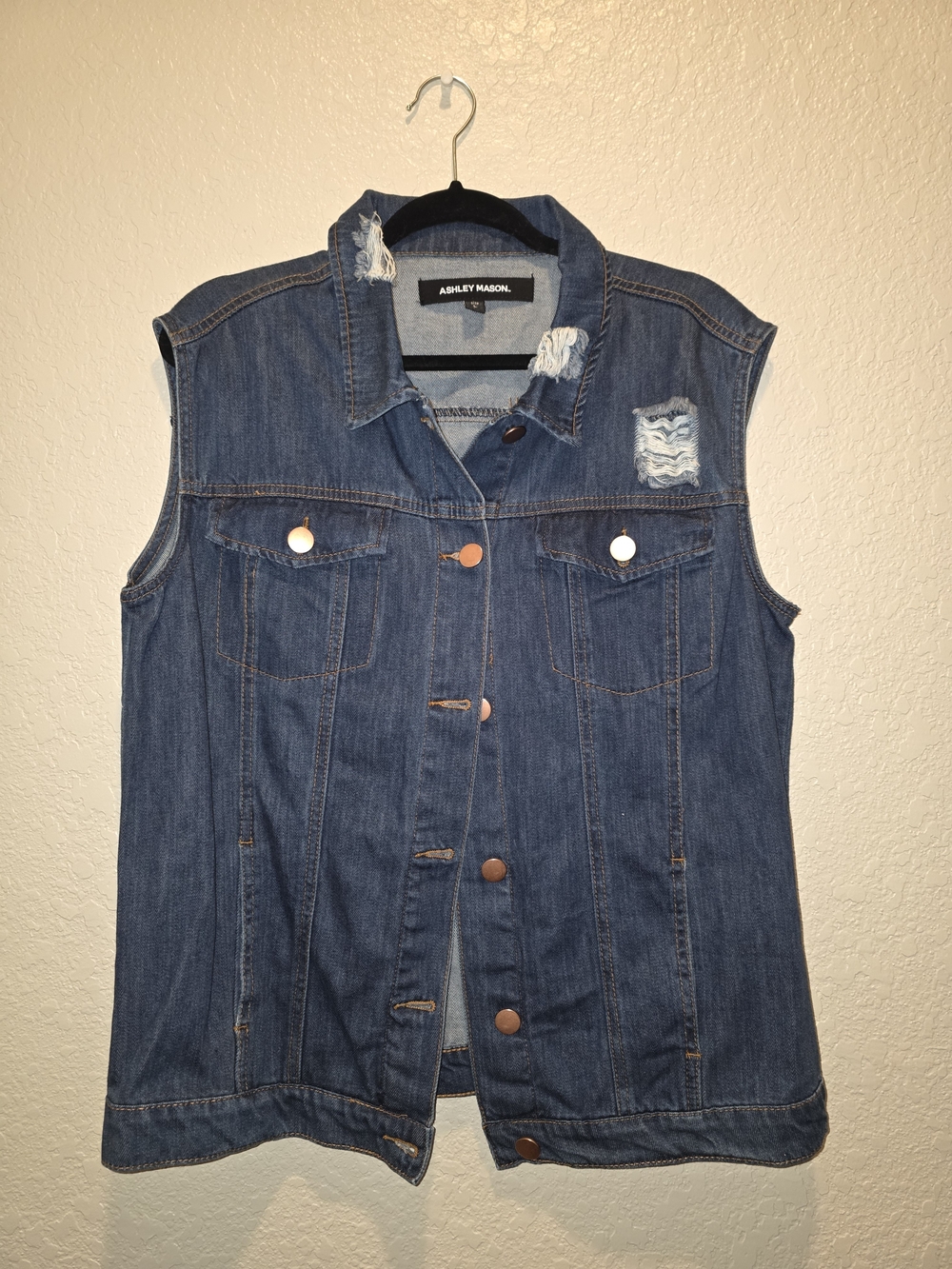 Ashley Mason Sleeveless Distressed Denim Vest - Blue